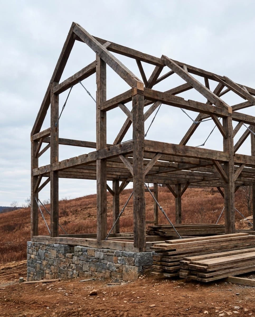 A reclaimed oak timber frame standing on a bare hillside before the roof goes on
