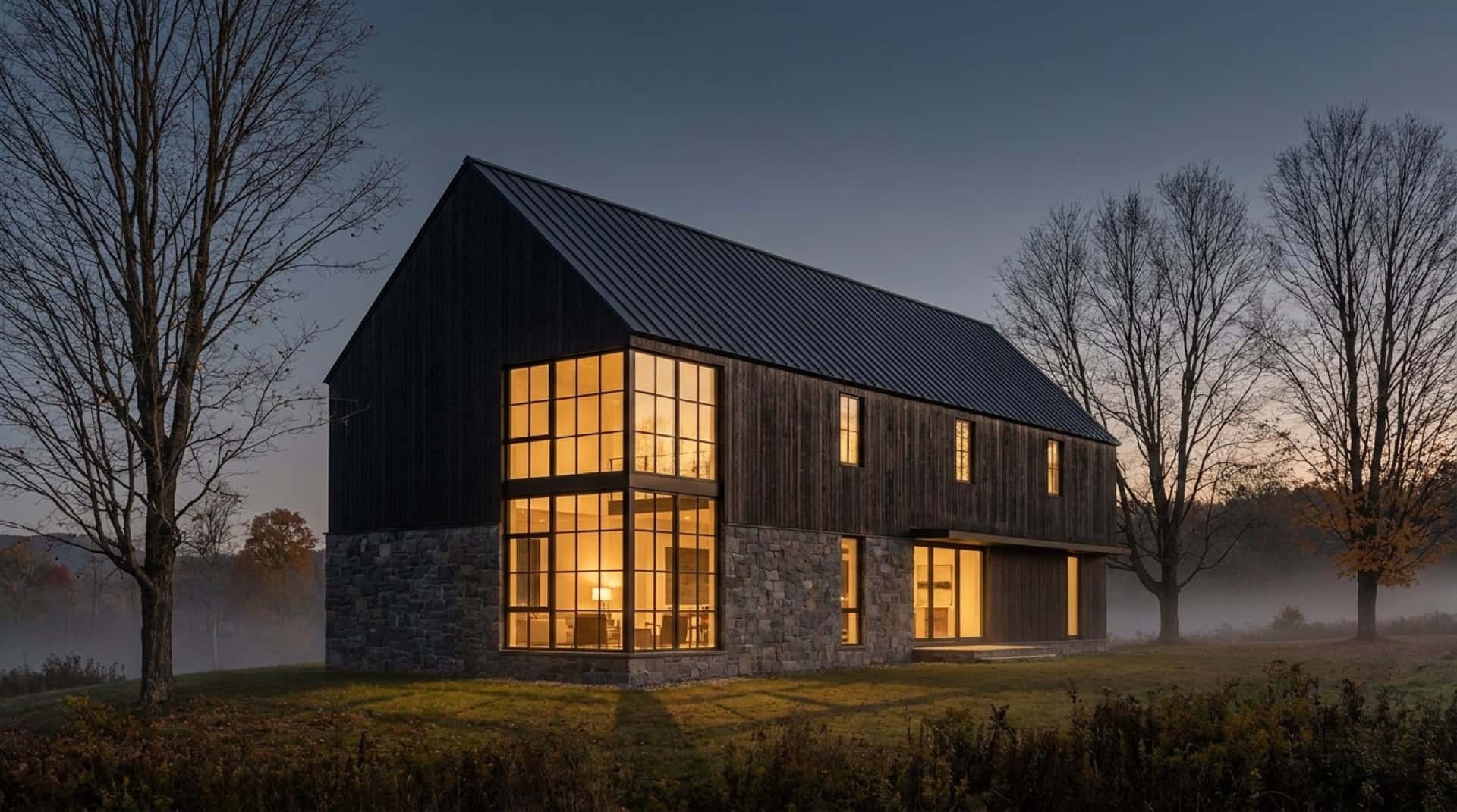 A custom house in blackened cedar and bluestone on a Hudson Valley ridge at dusk